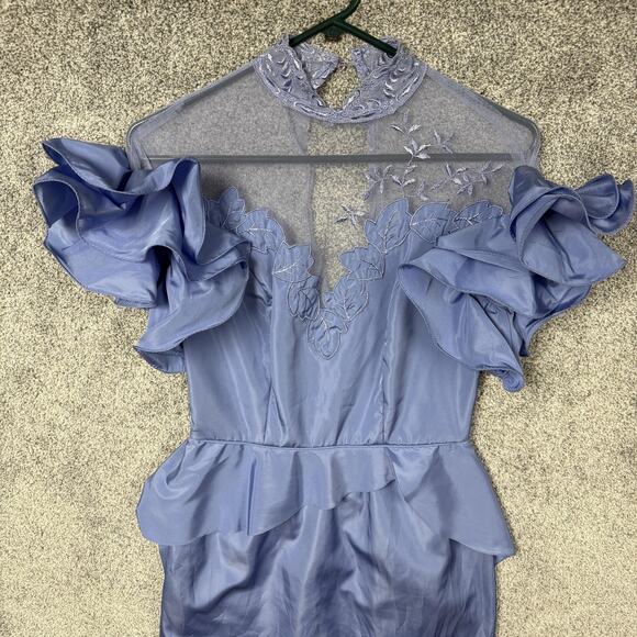 Vintage 80s Formal Dress 9/10 Ruffles Lace Peplum Evening Prom Bridesmaid Gown - Picture 2 of 14